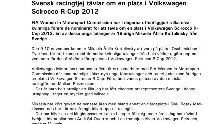 Svensk racingtjej tävlar om en plats i Volkswagen Scirocco R-Cup 2012
