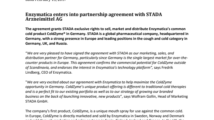 Enzymatica enters into partnership agreement with STADA Arzneimittel AG 