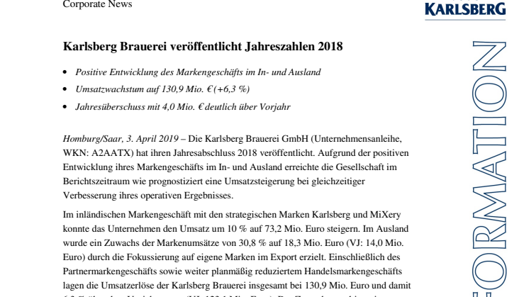 Karlsberg Brauerei veröffentlicht Jahreszahlen 2018