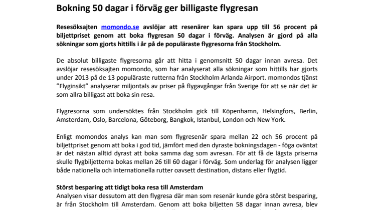 Bokning 50 dagar i förväg ger billigaste flygresan