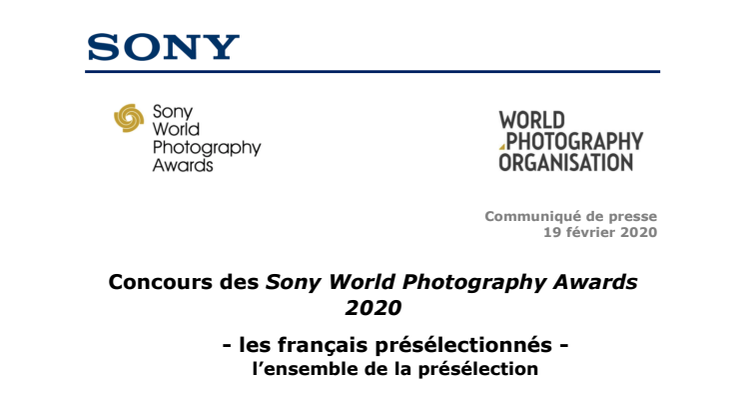 Concours des Sony World Photography Awards 2020 - les français présélectionnés - l’ensemble de la présélection