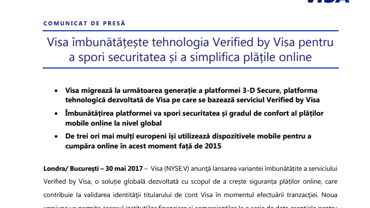 Visa îmbunătățește tehnologia Verified by Visa pentru a spori securitatea și a simplifica plățile online