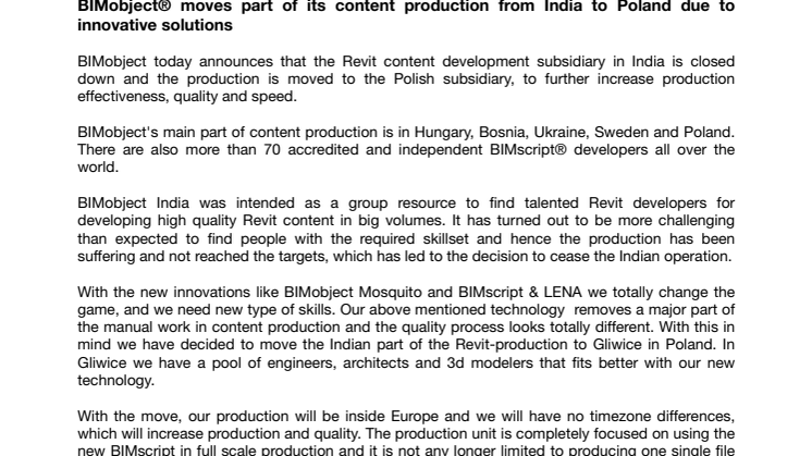 BIMobject® moves part of its content production from India to Poland due to innovative solutions
