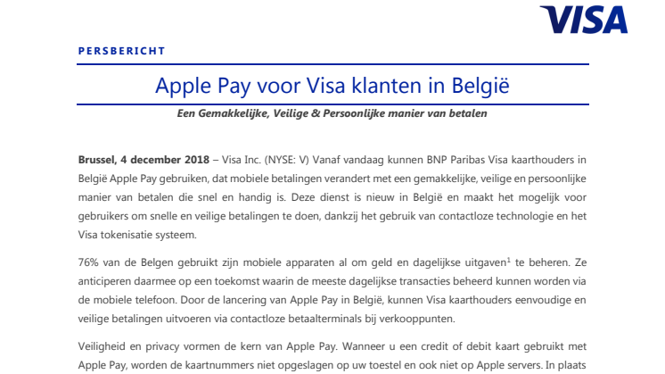 Apple Pay voor Visa klanten in België