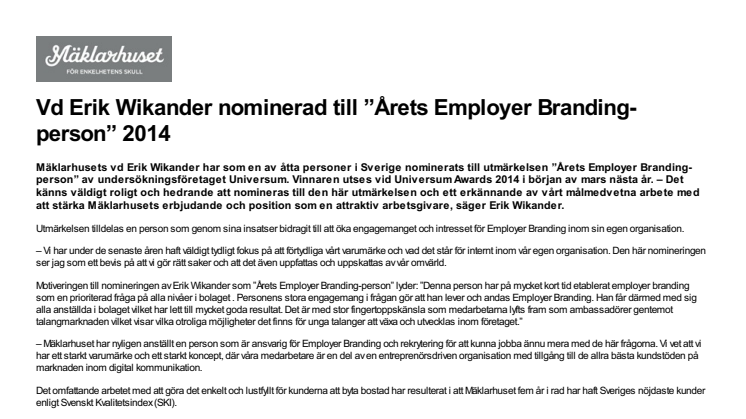 Vd Erik Wikander nominerad till ”Årets Employer Branding-person” 2014