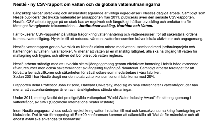 Nestlé - ny CSV-rapport om vatten och de globala vattenutmaningarna