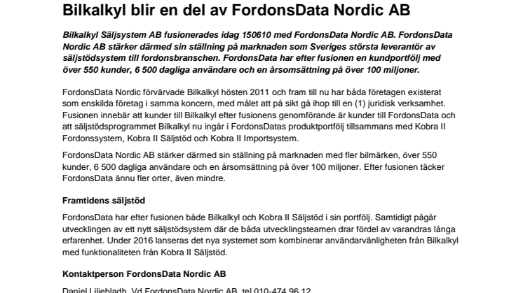 Bilkalkyl blir en del av FordonsData Nordic AB