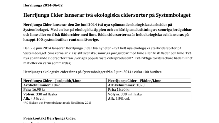 Herrljunga Cider lanserar två ekologiska cidersorter på Systembolaget!
