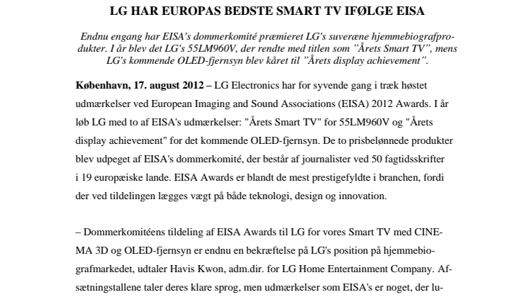 LG HAR EUROPAS BEDSTE SMART TV IFØLGE EISA