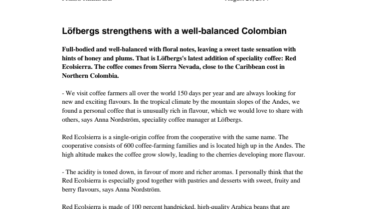 Löfbergs strengthens with a well-balanced Colombian