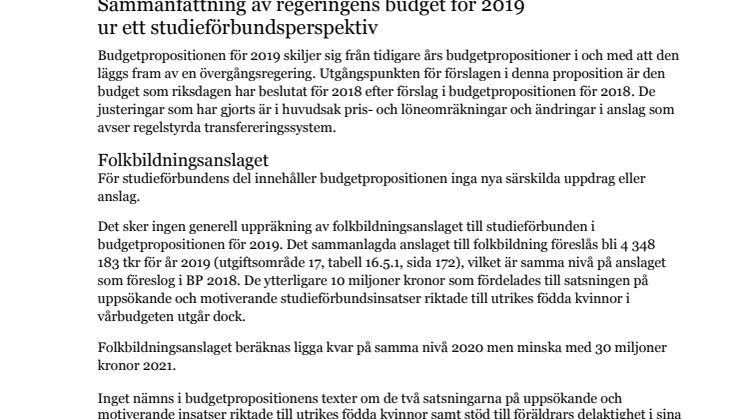 Studieförbunden kommenterar budgetpropositionen 2019