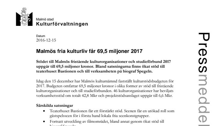 Malmös fria kulturliv får 69,5 miljoner 2017
