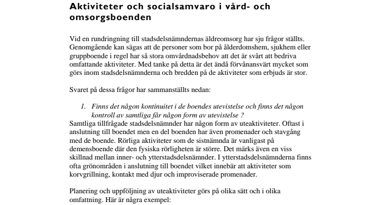 Aktiviteter på äldreboenden i Stockholms stad - en sammanställning