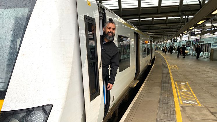 In the driving seat: Clint Almeida makes history as he takes his Thameslink train on what was the 100,000th digitally-signalled journey through the heart of London. He’s seen here pausing at London Blackfriars station on his assessment run