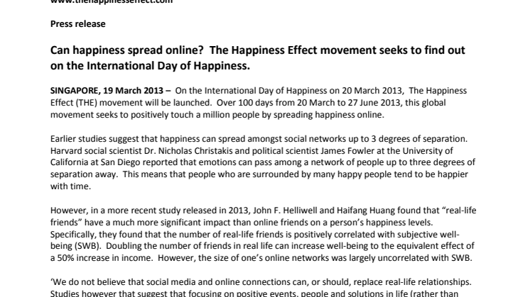 Can happiness spread online?  The Happiness Effect movement seeks to find out on the International Day of Happiness. 