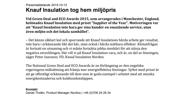 Knauf Insulation tog hem miljöpris