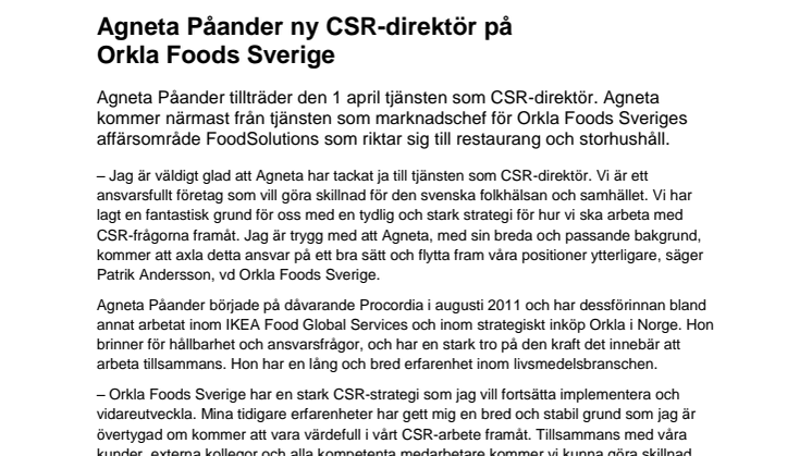Agneta Påander ny CSR-direktör på Orkla Foods Sverige