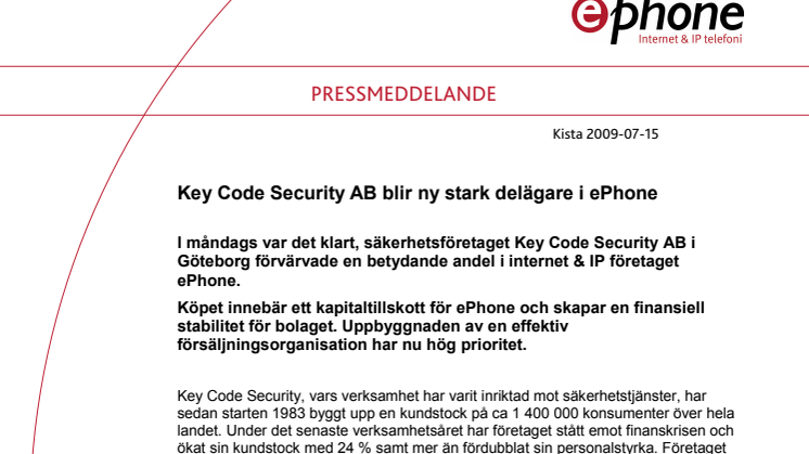 Key Code Security AB blir ny stark delägare i ePhone