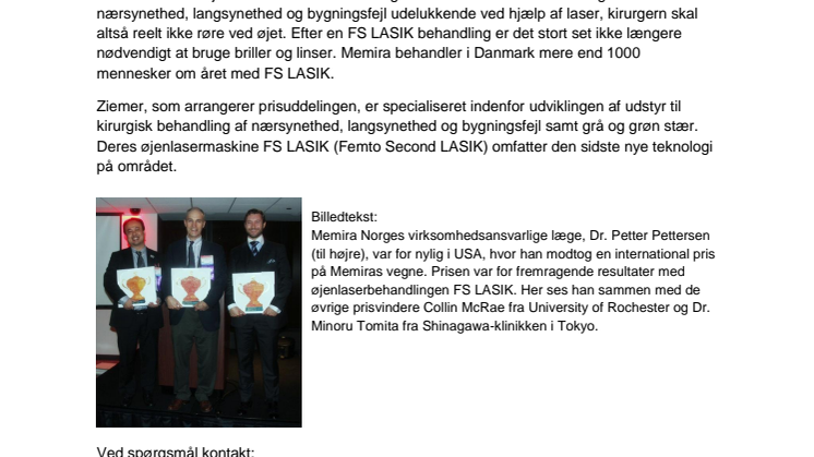 Memira modtager international pris for synskorrigerende laseroperationer