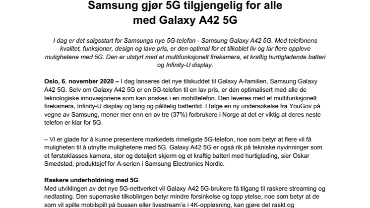 Samsung gjør 5G tilgjengelig for alle med Galaxy A42 5G