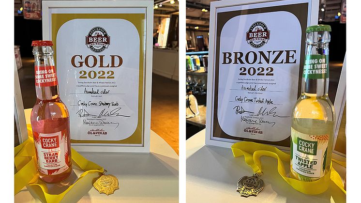 Dubbelvinst för Cocky Crane - guld och brons för bästa smaksatta cider 2022!