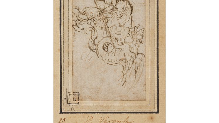 Paolo Caliari dit Veronese - Saint George terrassant le dragon, Plume et encre brune 9,5 x 5,2 cm