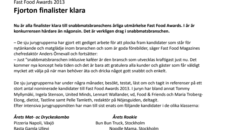 Fast Food Awards 2013 - Fjorton finalister klara