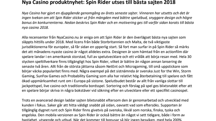 Nya Casino produktnyhet: Spin Rider utses till bästa sajten 2018