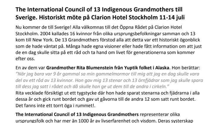 The International Council of 13 Indigenous Grandmothers till Sverige. Historiskt möte på Clarion Hotel Stockholm 11-14 juli
