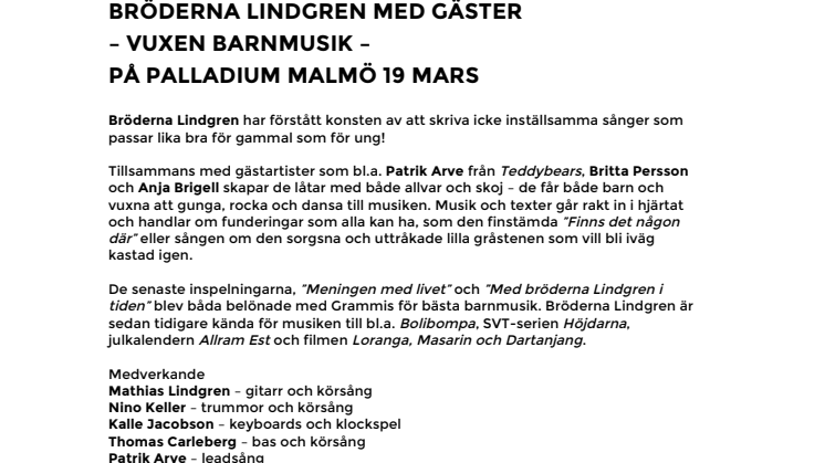 Bröderna Lindgren med gäster – Vuxen barnmusik – på Palladium Malmö 19 mars