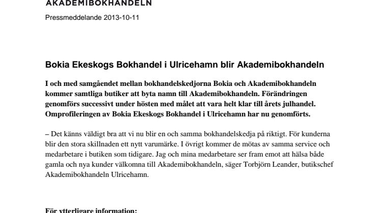 Bokia Ekeskogs Bokhandel i Ulricehamn blir Akademibokhandeln 