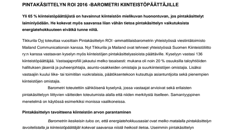 Tikkurilan Pintakäsittelyn ROI -barometri kiinteistöpäättäjille 2016