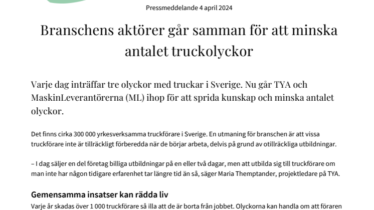 Pressmeddelande från MaskinLeverantörerna och TYA