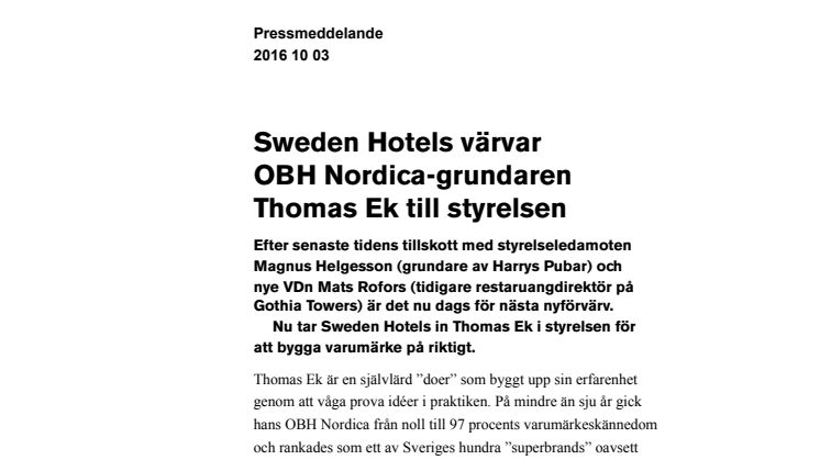 Sweden Hotels värvar OBH Nordica-grundaren Thomas Ek till styrelsen