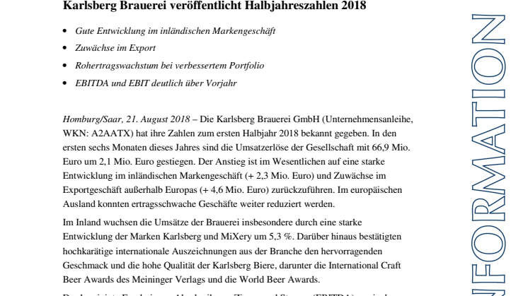 Karlsberg Brauerei veröffentlicht Halbjahreszahlen 2018