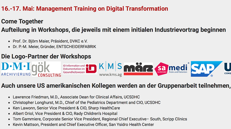 Save the Date: Management Training on Digital Transformation in Anschluß an die Fachgruppen-Tagung 2019 im Universitätsklinikum Düsseldorf