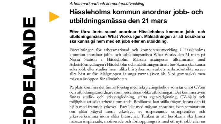 Hässleholms kommun anordnar jobb- och utbildningsmässa den 21 mars