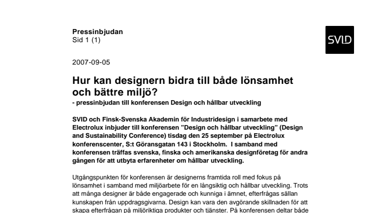 Hur kan designern bidra till både lönsamhet och bättre miljö? Pressinbjudan till konferensen Design och hållbar utveckling 
