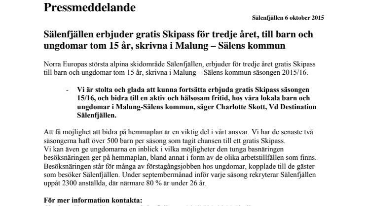 Sälenfjällen erbjuder gratis Skipass för tredje året, till barn och ungdomar tom 15 år, skrivna i Malung – Sälens kommun 