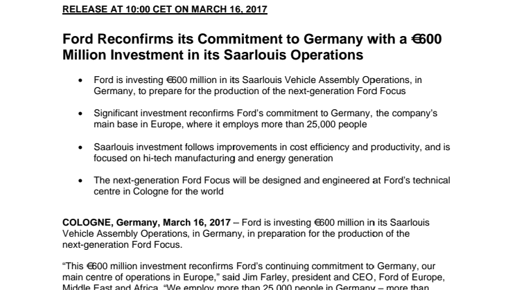 Ford Reconfirms its Commitment to Germany with a €600 Million Investment in its Saarlouis Operations