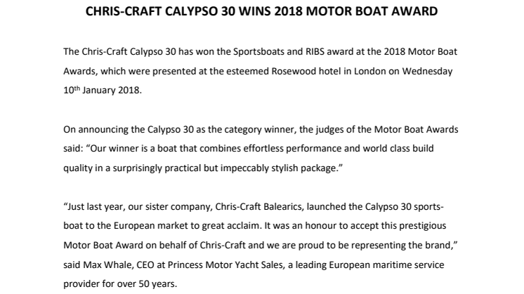 Princess Motor Yacht Sales: Chris-Craft Calypso 30 wins 2018 Motor Boat Award