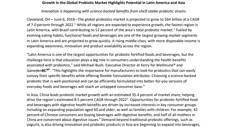 Press release – Growth in the Global Probiotic Market Highlights Potential in Latin America and Asia 