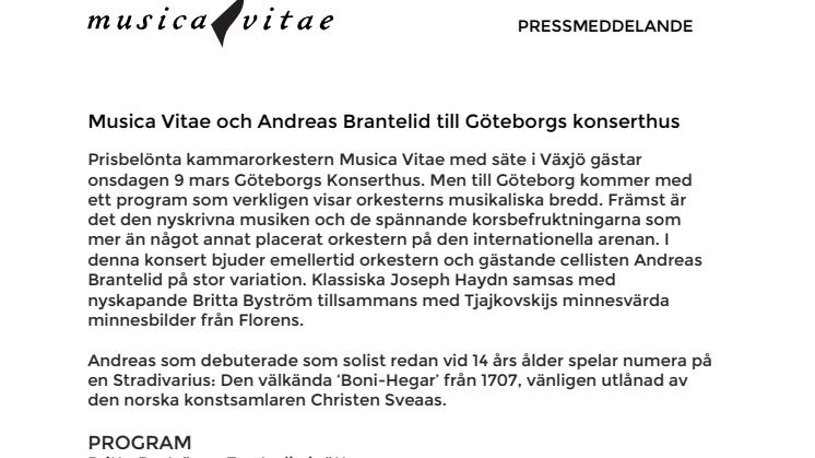 Musica Vitae och Andreas Brantelid till Göteborgs konserthus