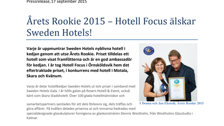 Årets Rookie 2015 – Hotell Focus älskar Sweden Hotels!