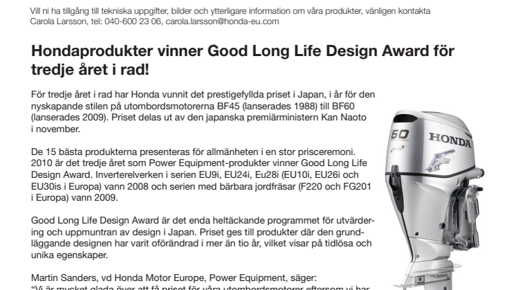 Honda utombordsmotor BF60 vinner Good Long Life Design Award!