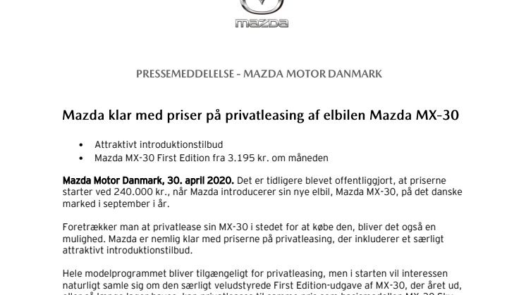Mazda klar med priser på privatleasing af elbilen Mazda MX-30
