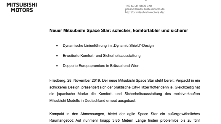 Neuer Mitsubishi Space Star: schicker, komfortabler und sicherer 