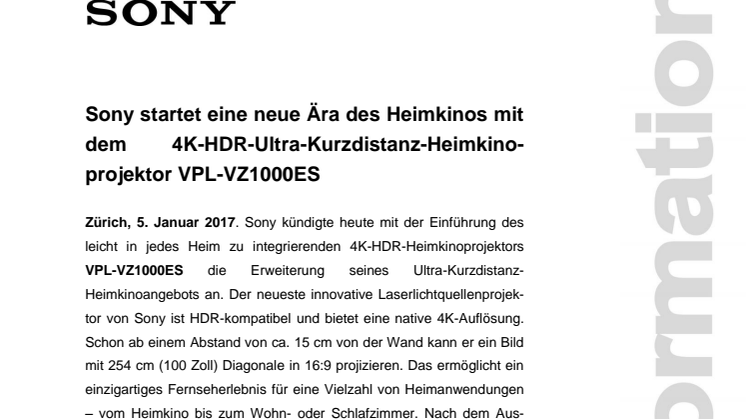 ​Sony startet eine neue Ära des Heimkinos mit dem 4K-HDR-Ultra-Kurzdistanz-Heimkinoprojektor VPL-VZ1000ES