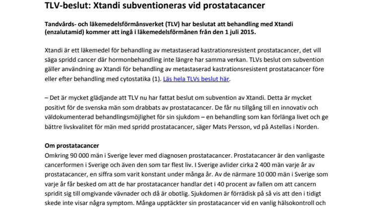 TLV-beslut: Xtandi subventioneras vid prostatacancer