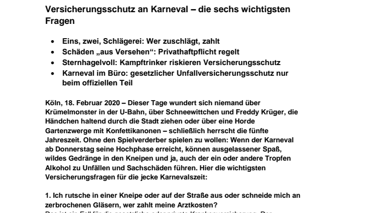 Versicherungsschutz an Karneval – die sechs wichtigsten Fragen